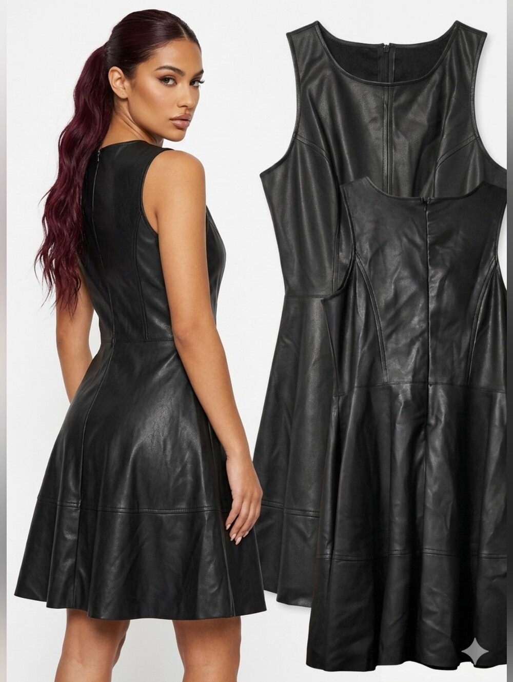Nwt Love Ady Black Faux Leather Sleeveless Skater Dress Stretch Vegan Sz Small